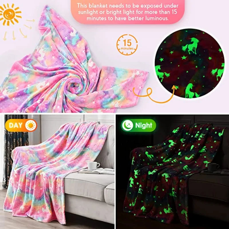 StellaLumi | Glowing Unicorn Blanket | Cozy & Magical | Glow-in-the-Dark Stars & Hearts | Gift for Kids & Adults
