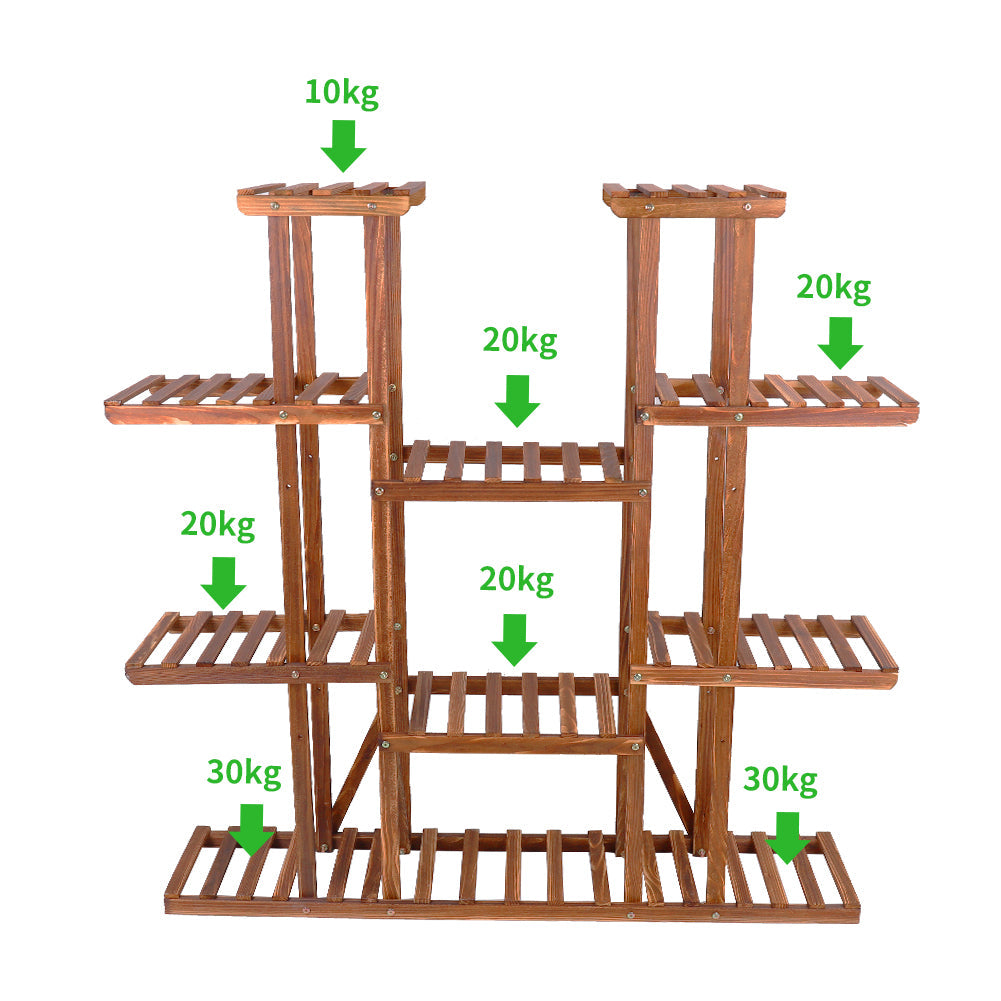 Large 11-tier Wooden Plant Shelf | Carbonized, Wide Flower Stand for Indoor & Outdoor