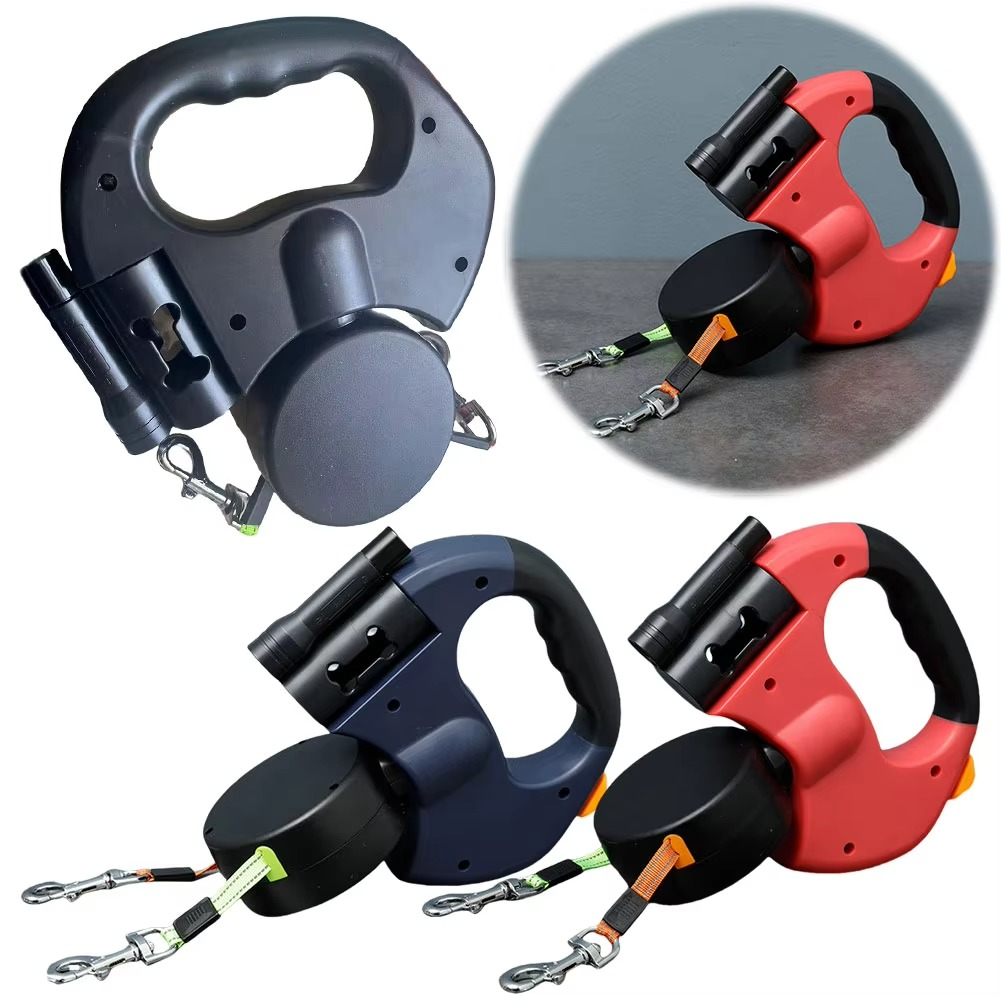 Retractable Dual Dog Leash with 360° Swivel and LED Safety Light for Walking Two Dogs