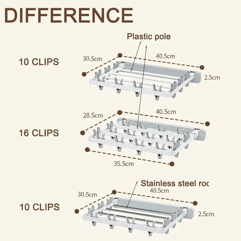 DryFold Wall-Mounted Folding Clothes Drying Rack | Foldable & Space-Saving | With Wind-Resistant Clips | Plastic/Stainless Steel