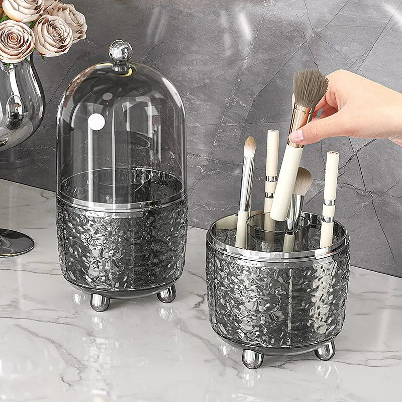 Lumora Make-up Brush Organizer with Lid | Dustproof & Rotatable | For Brushes, Lipsticks & Perfume | 360° Rotating | Silver/Gray
