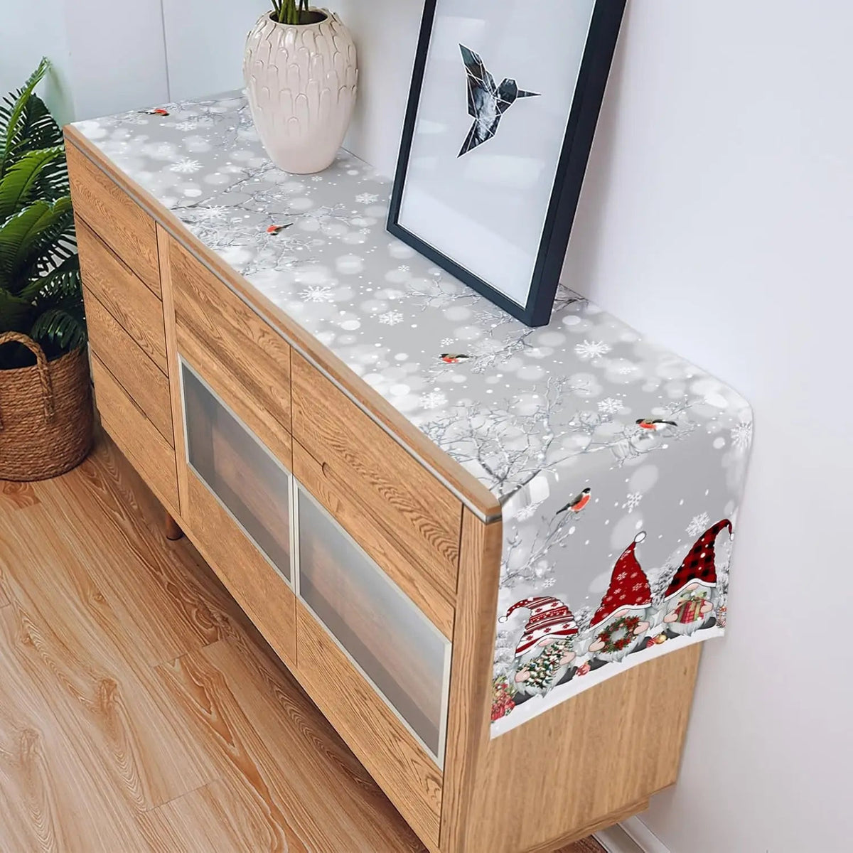 SnowGnome Christmas Table Runner – Luxe Linen Table Runner with Snowflake and Gnome Design