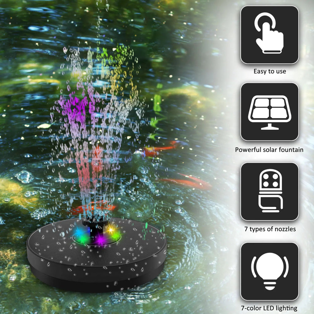 AquaLume Solar Spring | 3W Solar Fountain with LED Color Play | Up to 60 cm Fountain Height | 7 Nozzle Attachments