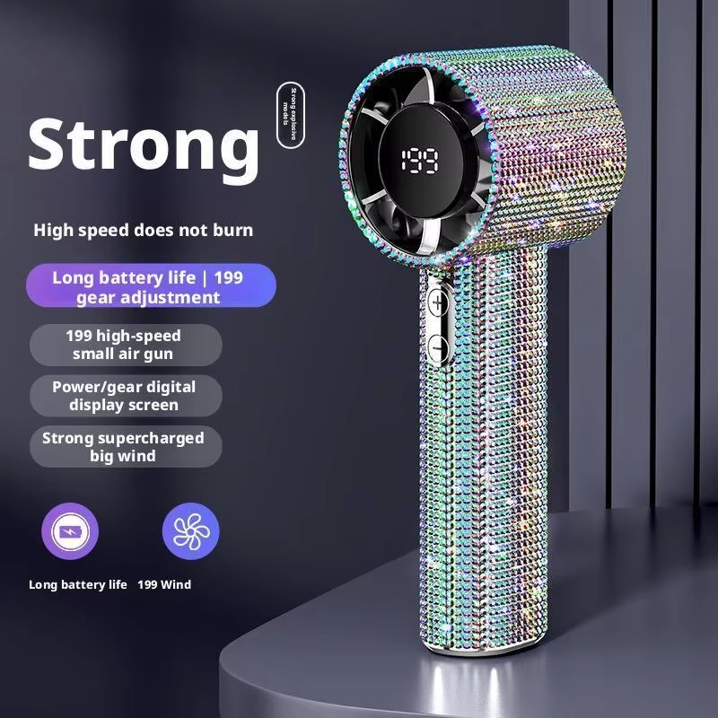 Diamond-Embellished Portable Fan with 199 Speed Settings and Type-C Recharge
