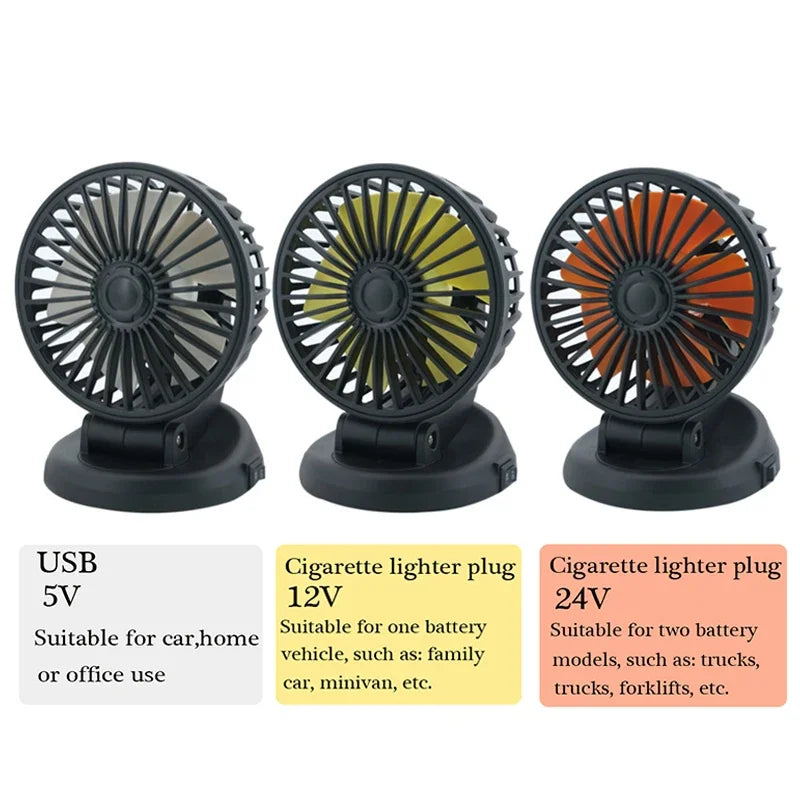 Ventoro Auto Fan 12V/24V/5V | USB or Cigarette Lighter | Rotatable & Compact | For Car, Truck, SUV, Motorhome & Office
