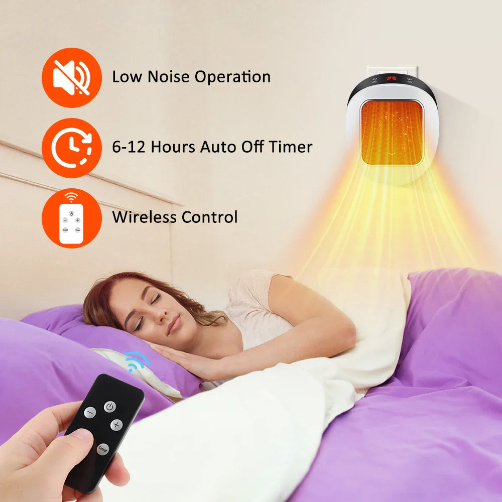 ThermoLux Mini Wall Heater 600W | Compact Electric Heater with Remote Control | Wall Socket Heater with Thermostat & Timer | Quick Heat in 3 Seconds