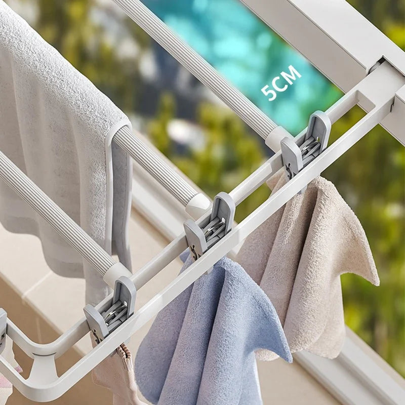 DryFold Wall-Mounted Folding Clothes Drying Rack | Foldable & Space-Saving | With Wind-Resistant Clips | Plastic/Stainless Steel