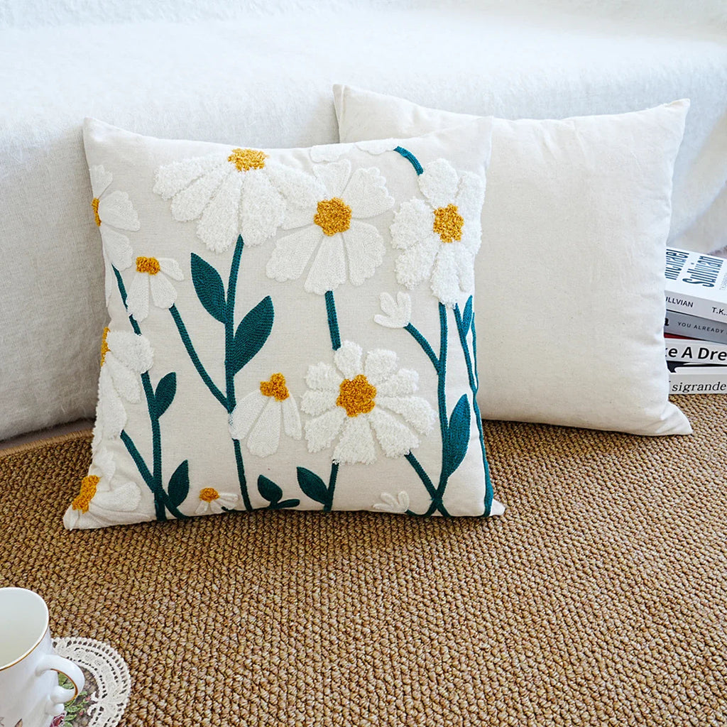 Cushion with Embroidered Daisies for Sofa and Living Room Without Filling