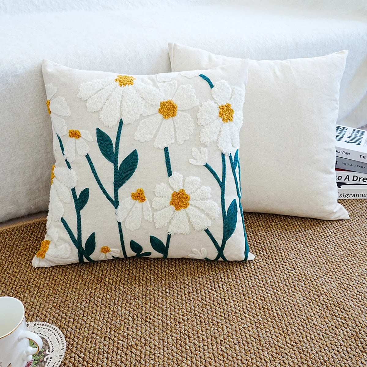 Cushion with Embroidered Daisies for Sofa and Living Room Without Filling