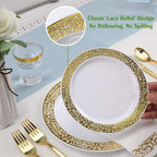 350pcs Disposable Gold Lace Dinnerware Set for 50 Guests