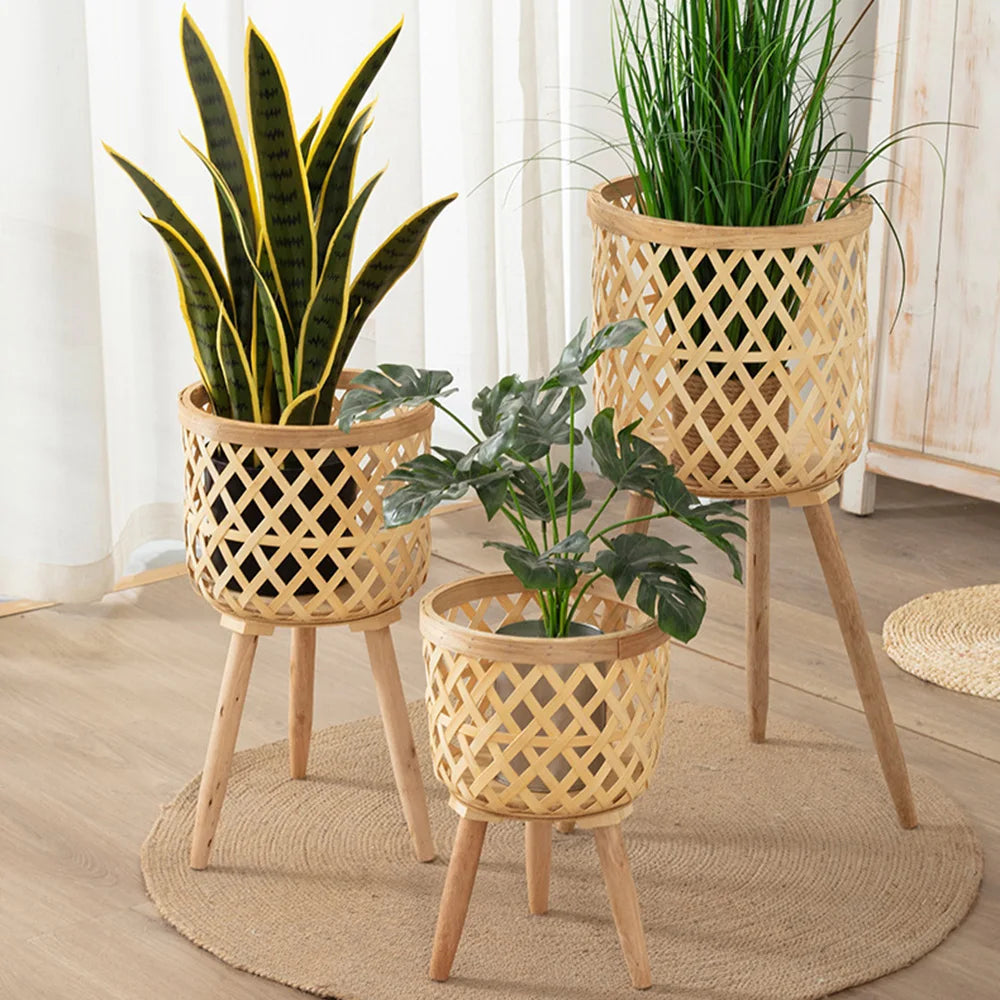 Handcrafted Bamboo Woven Flower Pot with Stand Plant Flower Display Storage Stand DIY Storage Children's Plant Pots Home Decor
