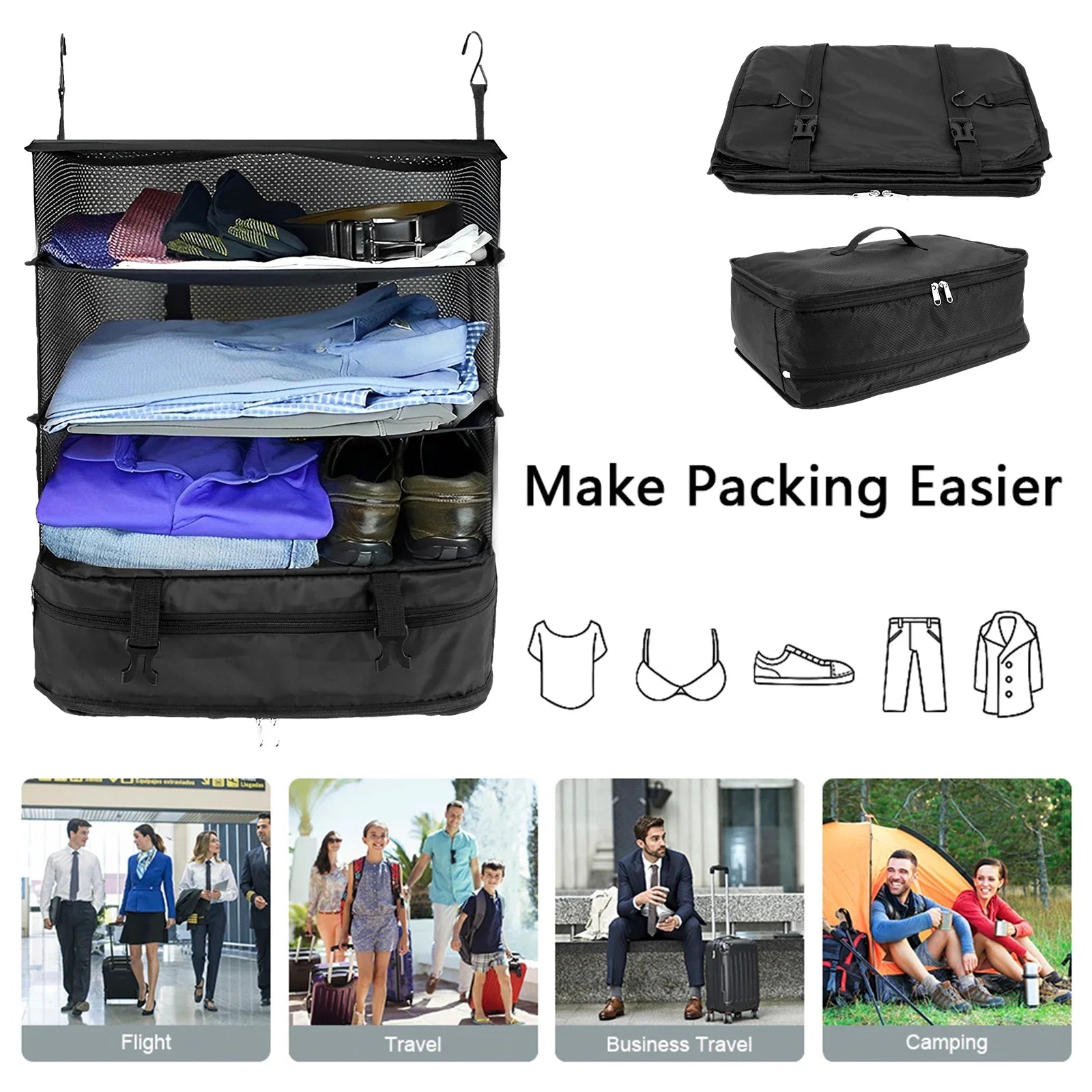 Packelier Suitcase Organizer | Hanging Shelf for Travel | 3 Compartments | Foldable & Water-Resistant | Black