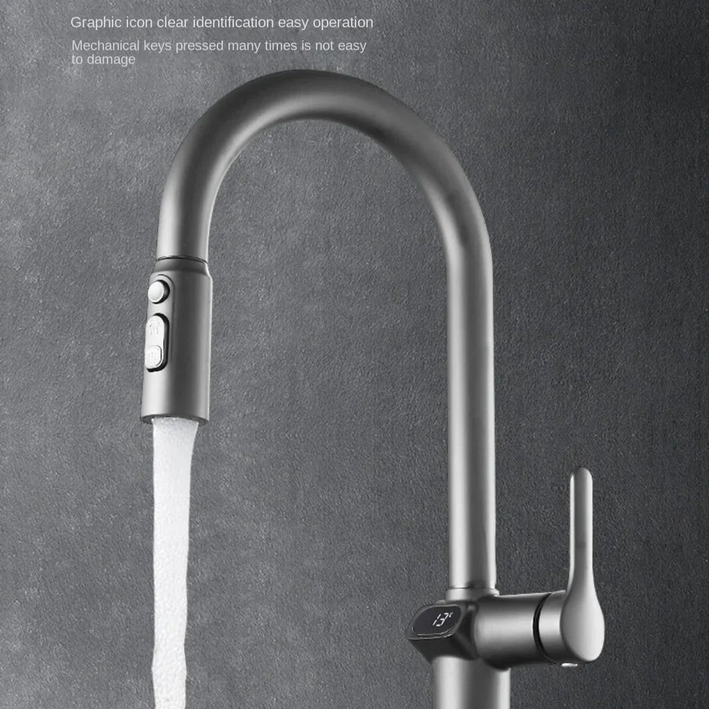 Pull-out Kitchen Faucet with Digital Display and Swivel Spout