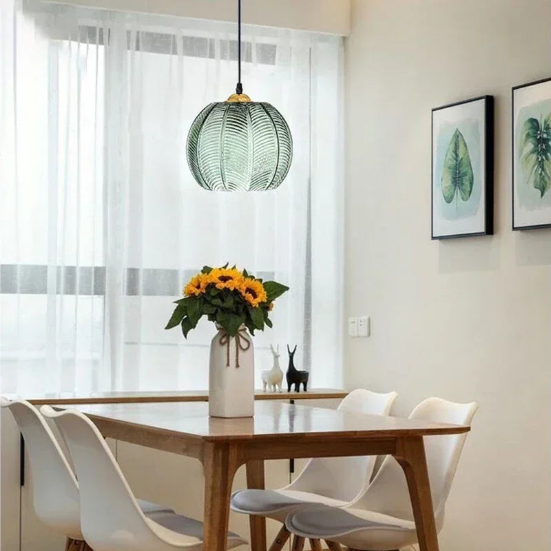 Scandinavian Glass Pendant Lamp with Green Leaf Pattern