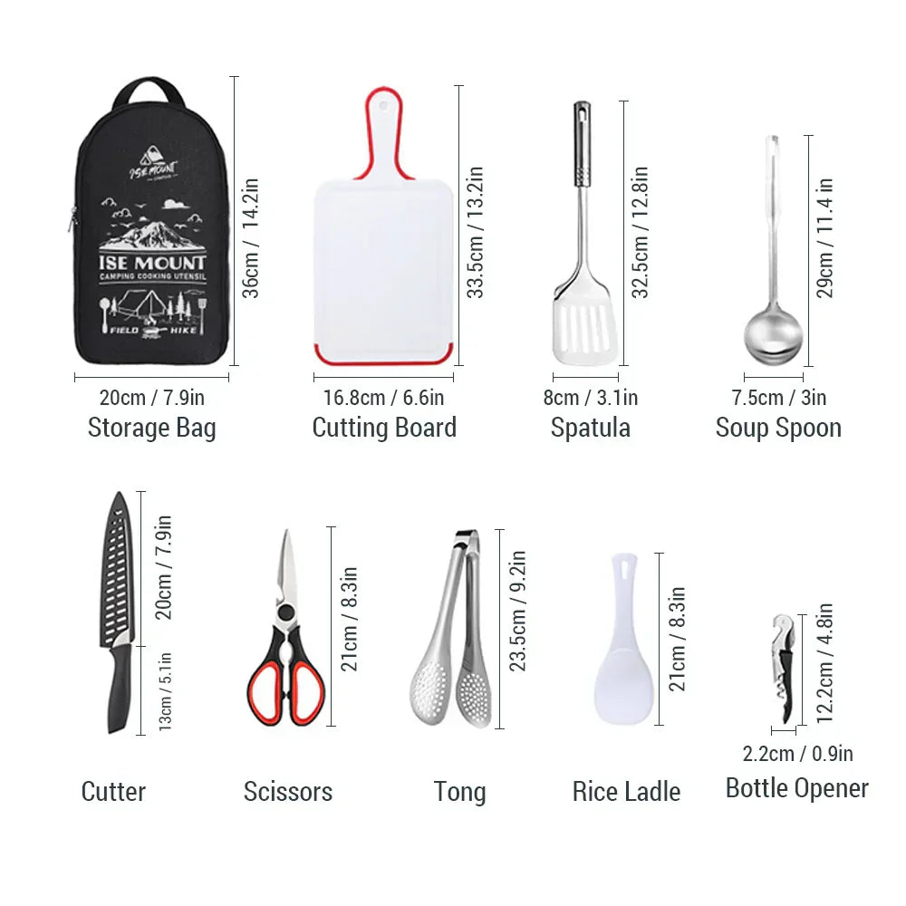 Nomadiq Cooking Set | 9-piece | Stainless Steel Outdoor Kitchen Accessories | With Carrying Bag