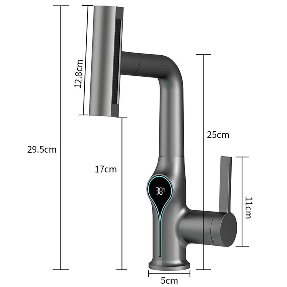 Faucet with Waterfall Jet Temperature Display and Adjustable Sprayer