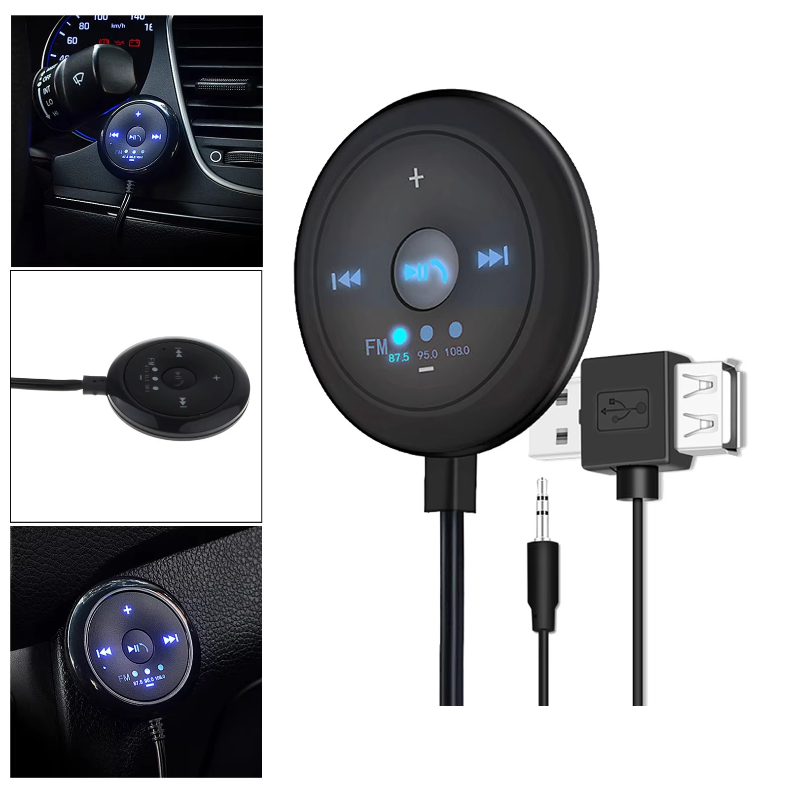 2-in-1 Bluetooth 5.0 Car Player with FM Transmitter, AUX Input, 500mAh Battery, 5V Input, Compatible with Phones and Tablets