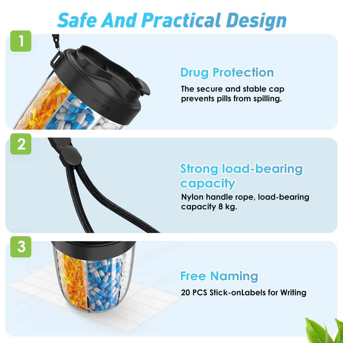 Pilliora Travel Pill Box | BPA-free & Hygienic | Anti-Mix System | With Carrying Loop