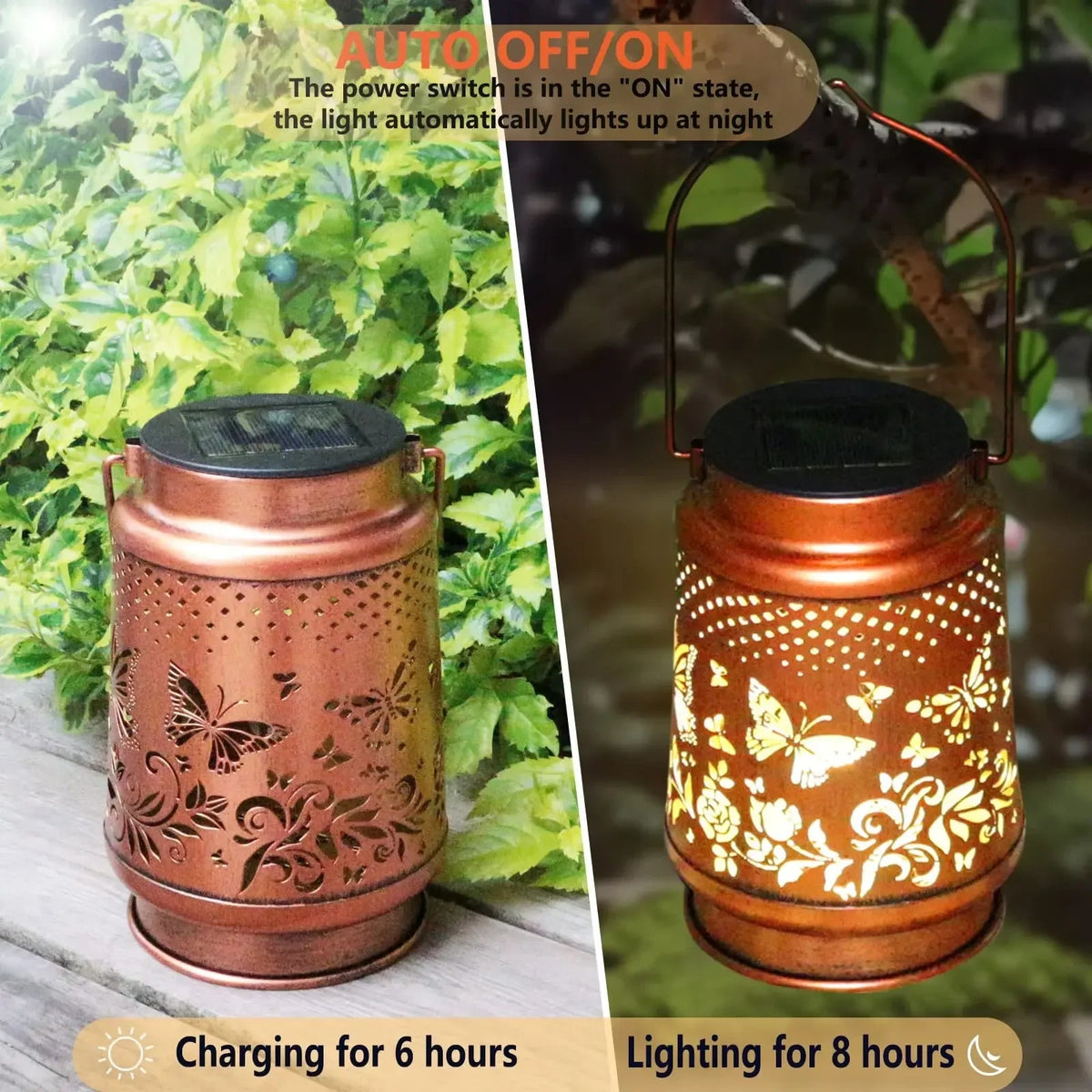 Luminara SolFlair Solar Lantern | Retro Design with Butterfly Motif | IP65 Waterproof | Warm Light for Garden & Balcony
