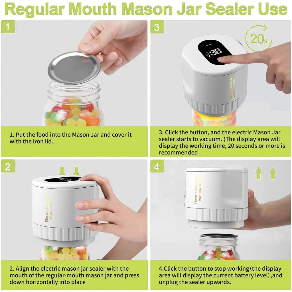 Electric Mason Jar Vacuum Sealing Set - Cordless Sealer for Wide Mouth and Regular Mason Jars - Ideal for Food Storage