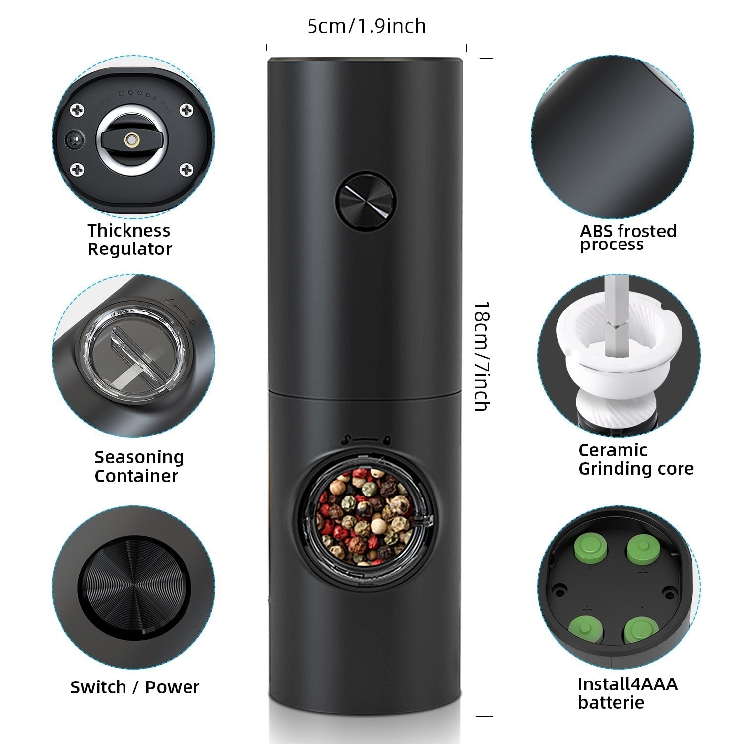 Electric automatic pepper and salt mill with LED light and adjustable grind - Perfect for the kitchen or the restaurant
