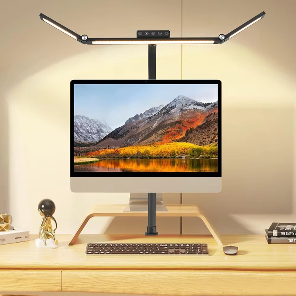 24W Triple Head LED Desk Lamp with Clamp and Auto Dimming for Office and Home