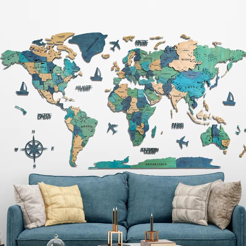 3D Solid Wood World Map Wall Art - Nordic-Style Home Decor