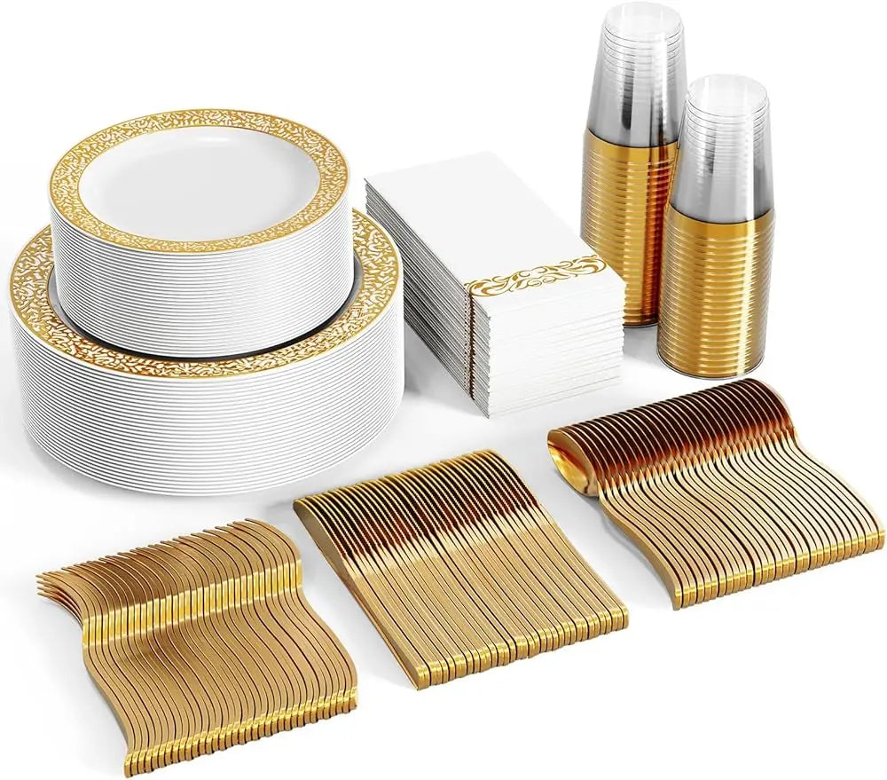 350pcs Disposable Gold Lace Dinnerware Set for 50 Guests