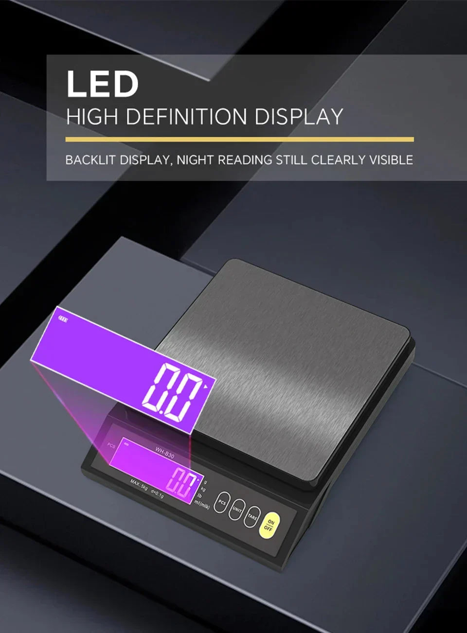 5 kg/0.1 g and 10 kg/1 g digital electronic kitchen scale, LCD display, fully waterproof stainless steel weighing tool for baking