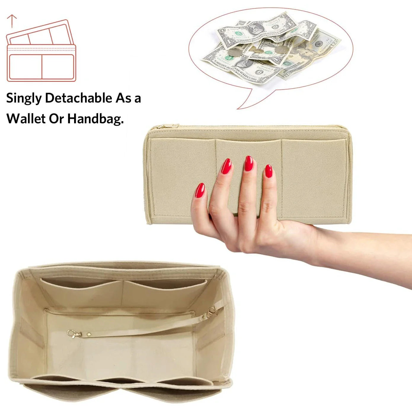 TaschenLuxe Organizer Inlay | Felt insert with zipper | 15 compartments & key strap | For handbags & shoppers
