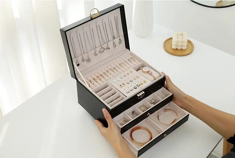 Lockable Leather Jewelry Box with Multi-Layer Storage