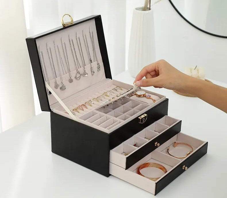 Lockable Leather Jewelry Box with Multi-Layer Storage