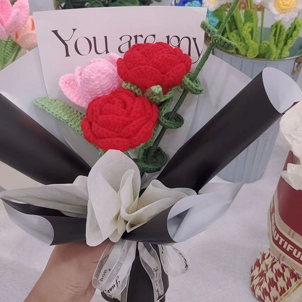 Hand-knitted rose bouquet