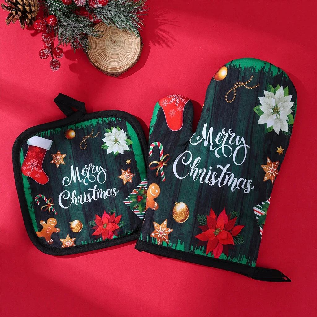 HollyHeat Oven Gloves 2-Piece Set | Christmas Baking Gloves with Festive Design | Heat Resistant Kitchen Gloves for Christmas & New Year