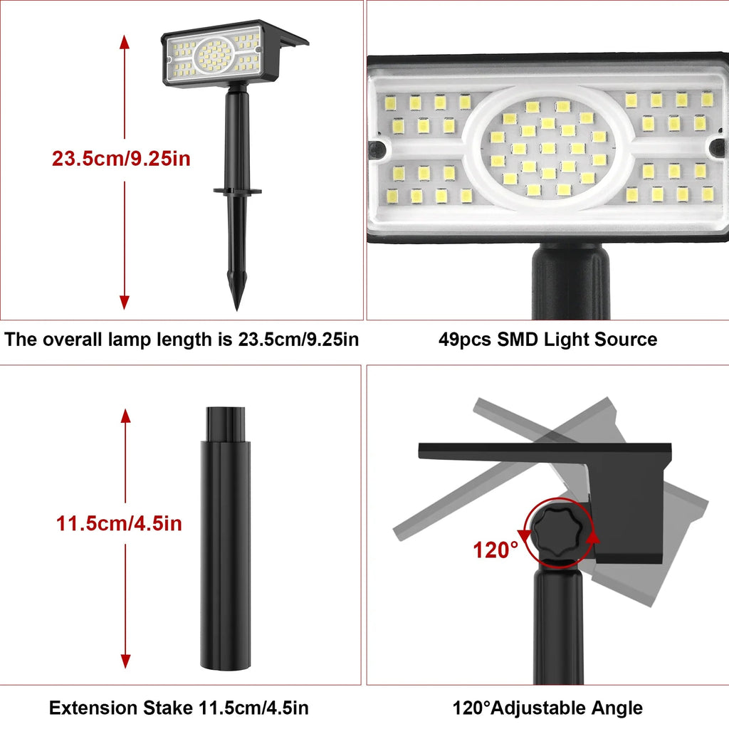 Solara LED Solar Spotlight | 4 Light Colors | 49 LEDs | IP65 Waterproof | Energy Saving with Solar Panel