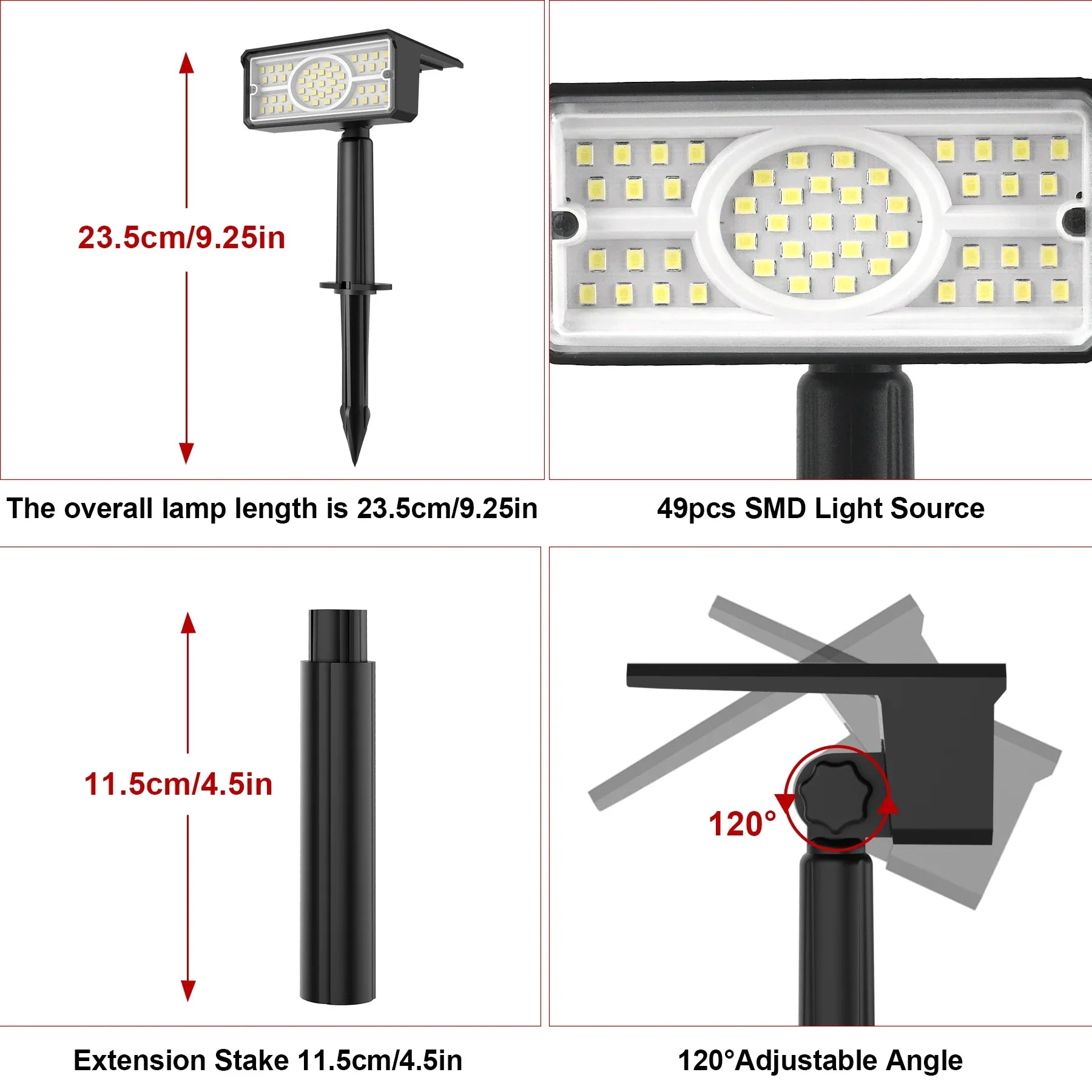 Solara LED Solar Spotlight | 4 Light Colors | 49 LEDs | IP65 Waterproof | Energy Saving with Solar Panel