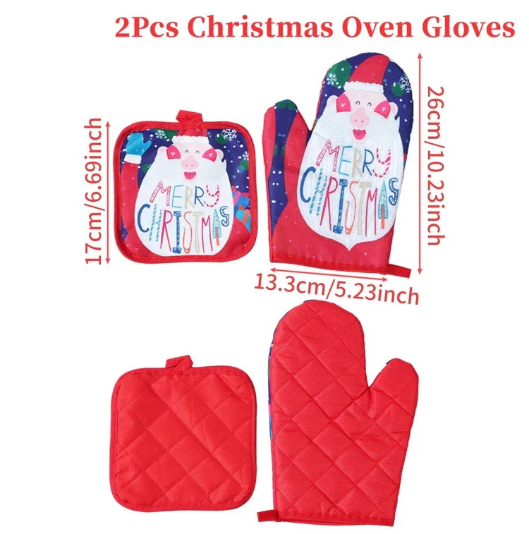 HollyHeat Oven Gloves 2-Piece Set | Christmas Baking Gloves with Festive Design | Heat Resistant Kitchen Gloves for Christmas & New Year