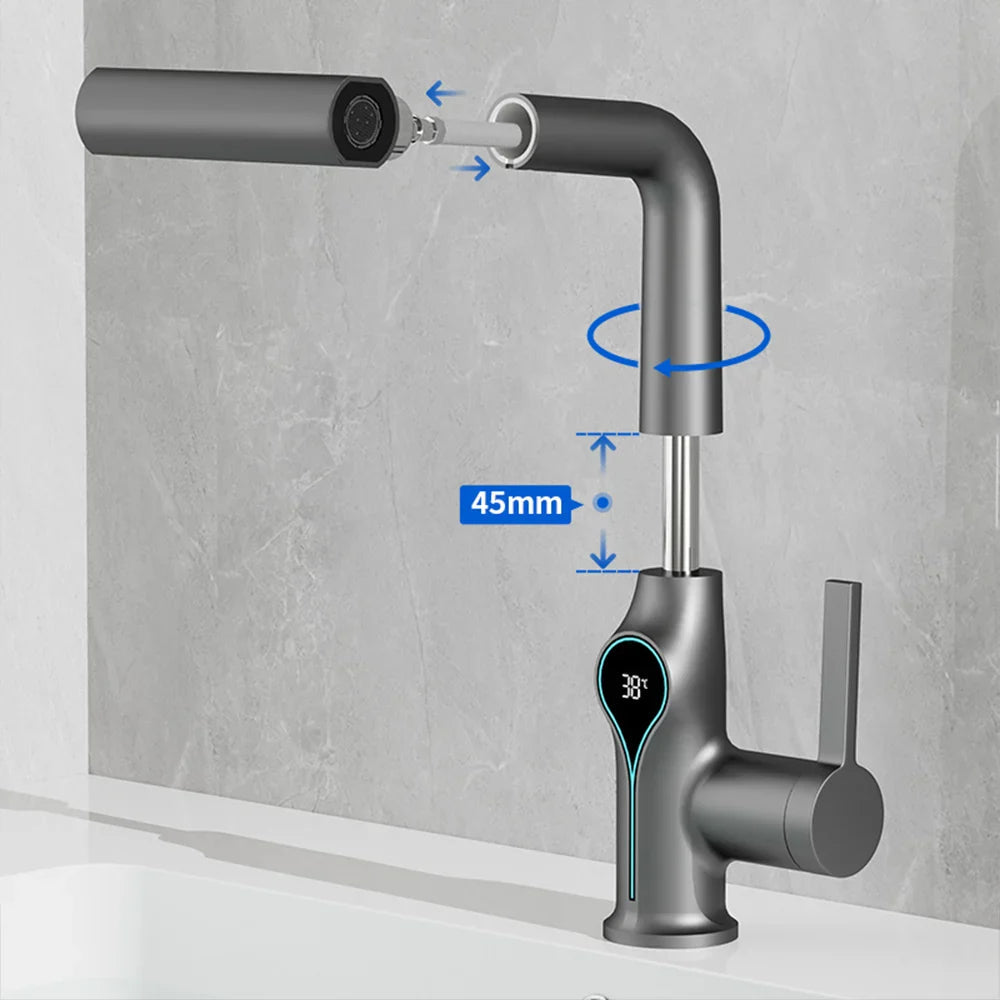 Faucet with Waterfall Jet Temperature Display and Adjustable Sprayer