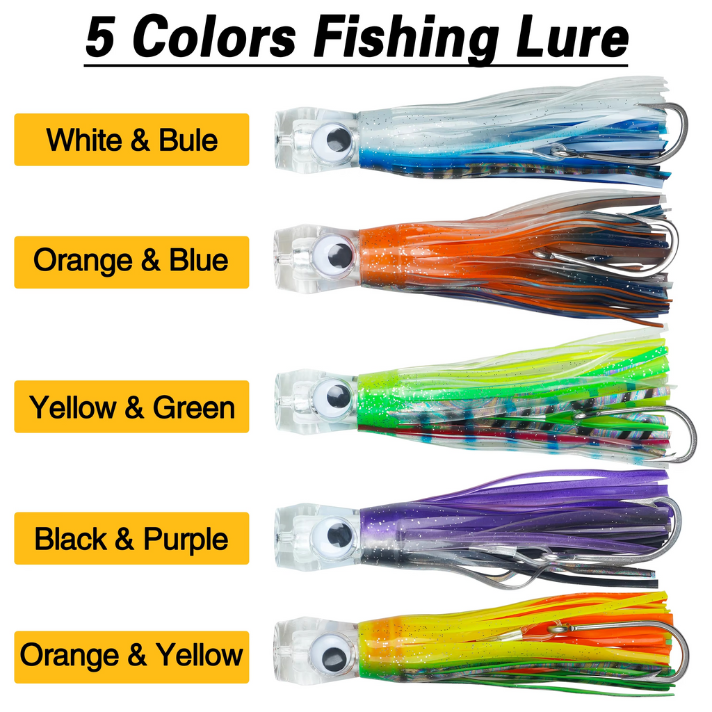 5pcs Rigged Trolling Skirt Tuna Lures for Mahi, Marlin, Shark, and Wahoo – Big Game Saltwater Fishing Lures