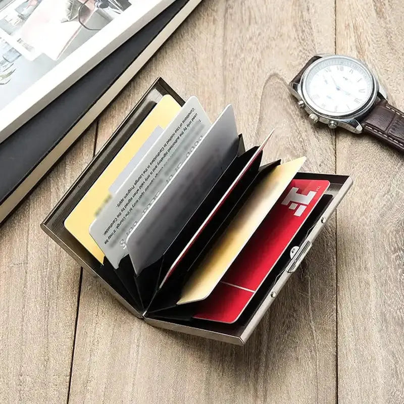 Slim RFID-blocking stainless steel wallet for cards