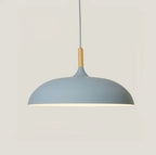 Pendant lights made of metal and wood in delicate pastel shades