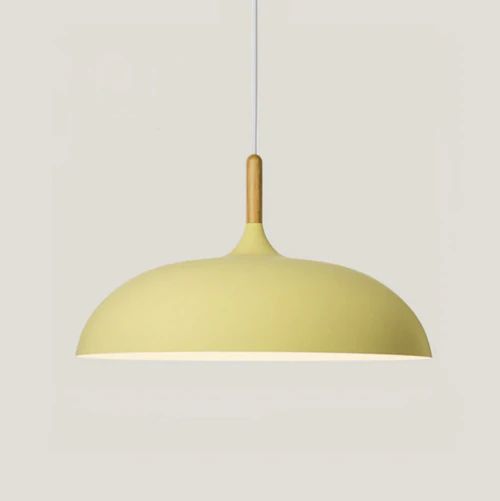 Pendant lights made of metal and wood in delicate pastel shades