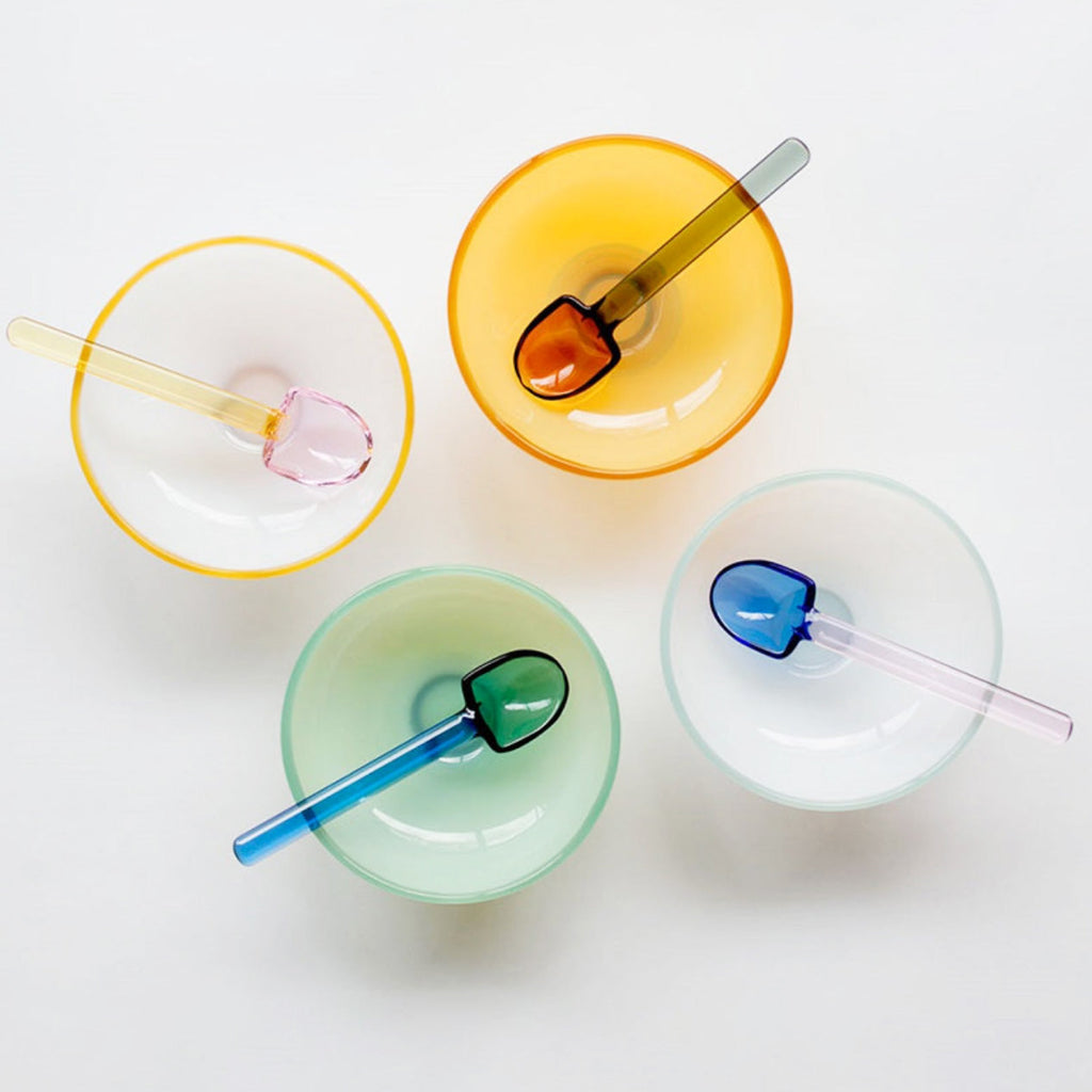 Colorful borosilicate dessert bowl with spoon