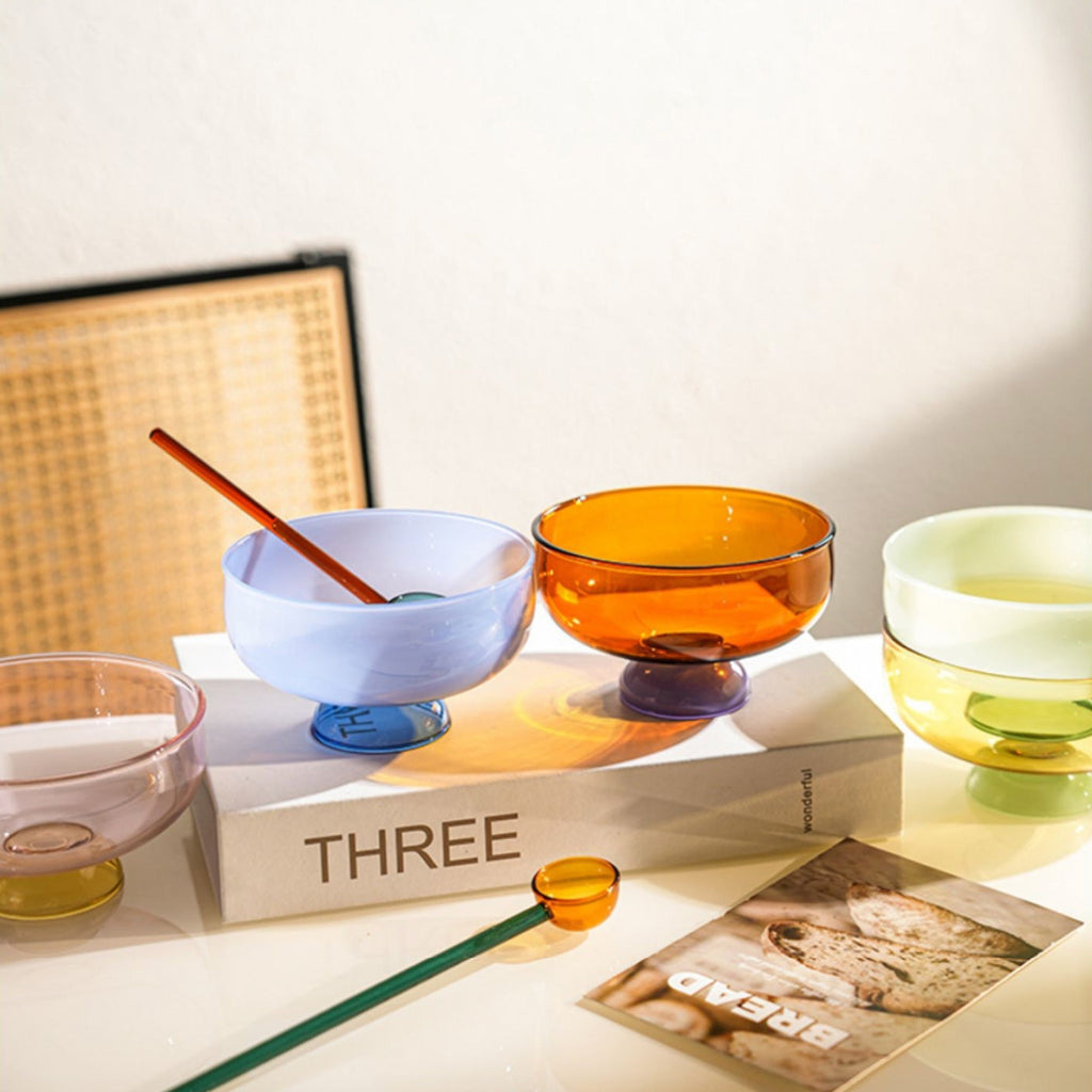 Colorful borosilicate dessert bowl with spoon