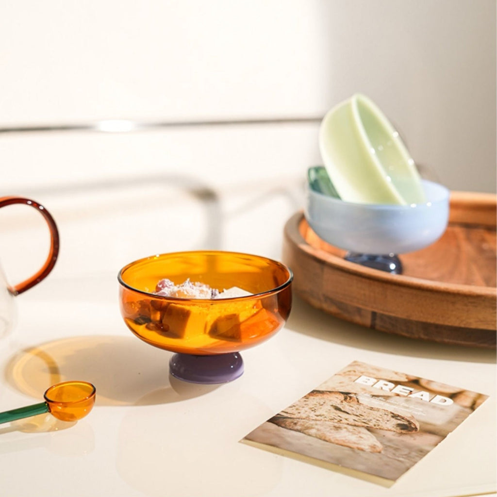Colorful borosilicate dessert bowl with spoon