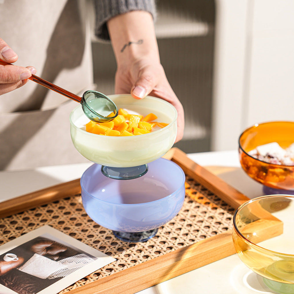 Colorful borosilicate dessert bowl with spoon