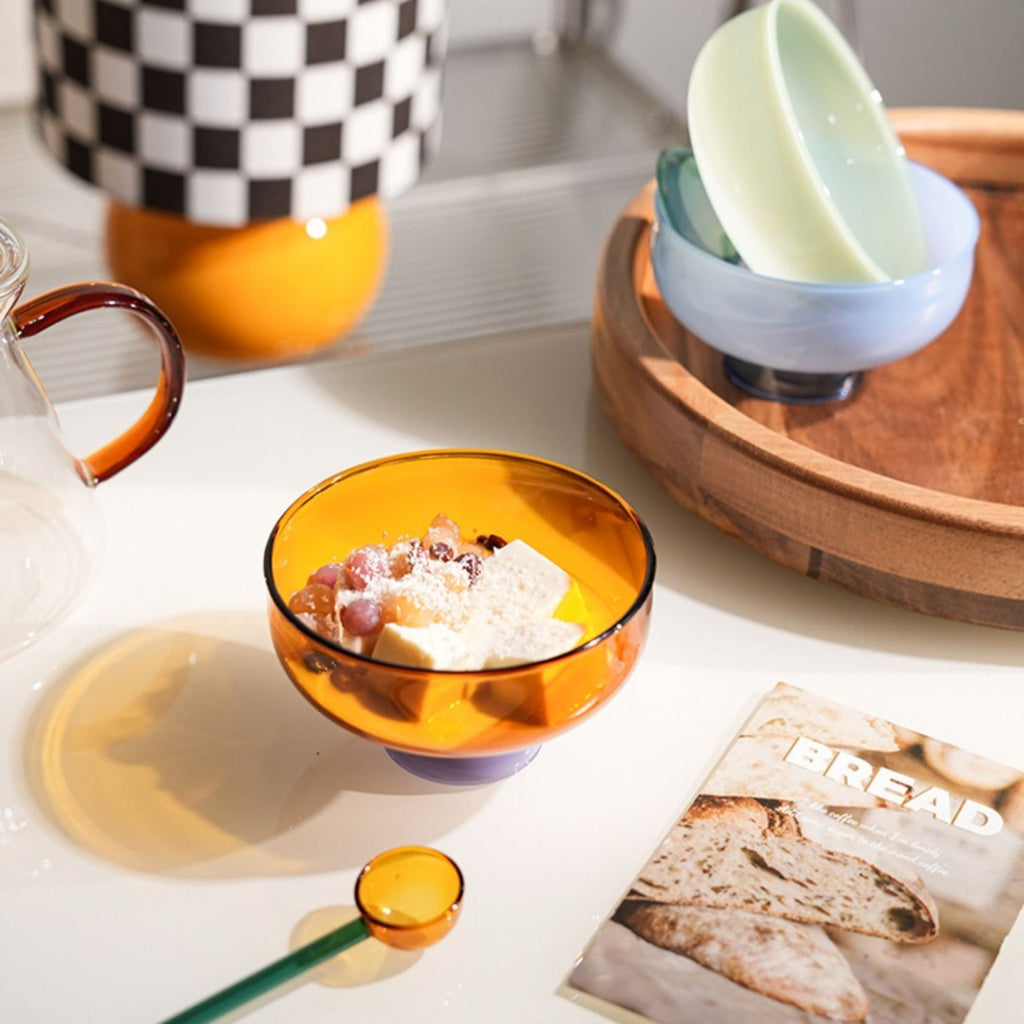 Colorful borosilicate dessert bowl with spoon