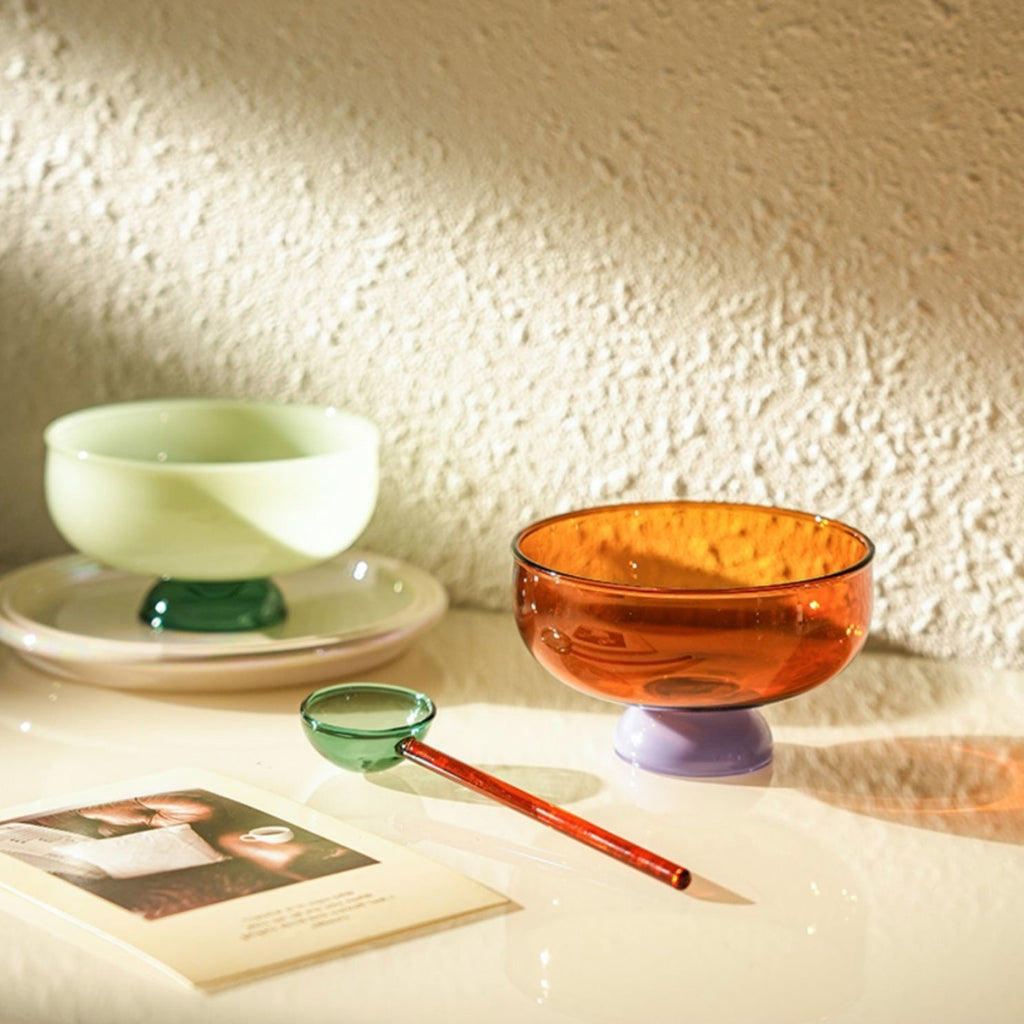Colorful borosilicate dessert bowl with spoon