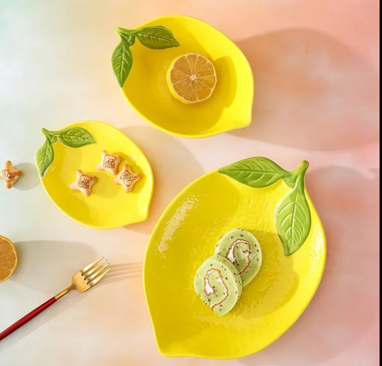 Lemon-shaped ceramic dish set, decorative serving bowls and plates for the dining table