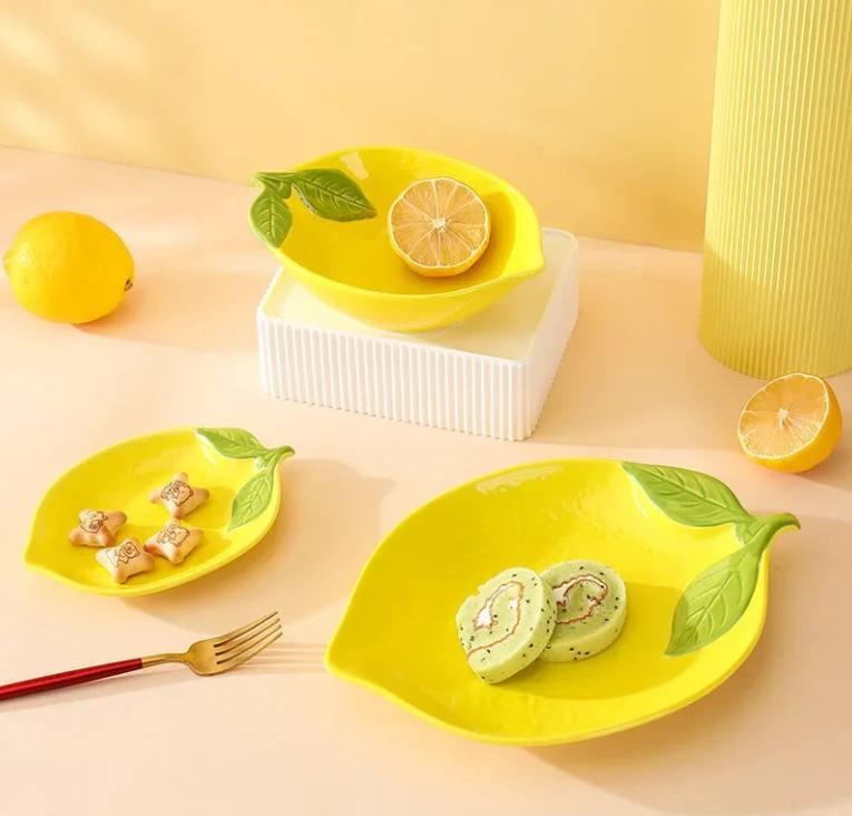 Lemon-shaped ceramic dish set, decorative serving bowls and plates for the dining table